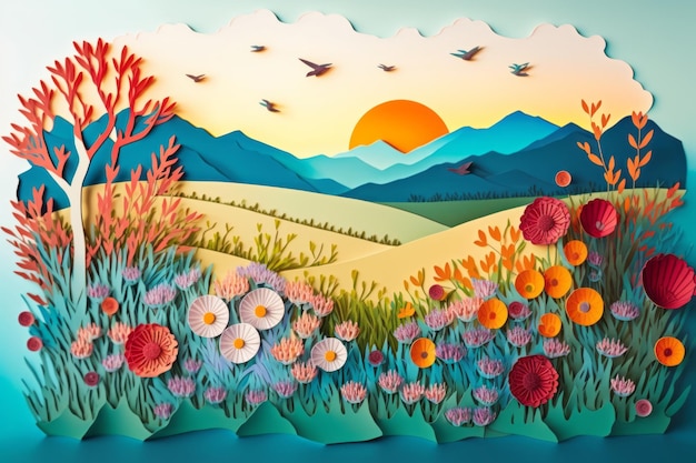 a field covered with flowers on the hills in the rays of the sun on a summer day paper art style Japanese origami cardboard landscape realistic papercut