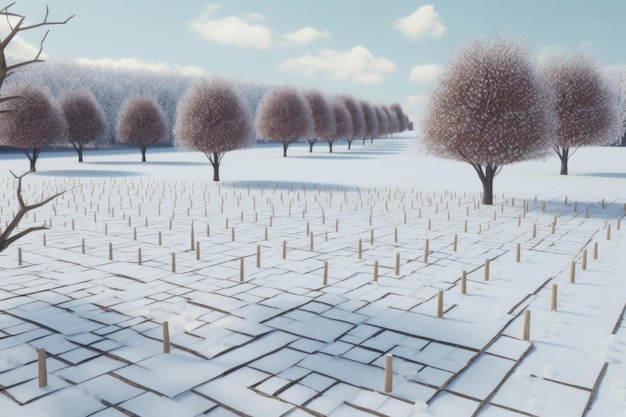 Field covered with snow with trees and wood boards