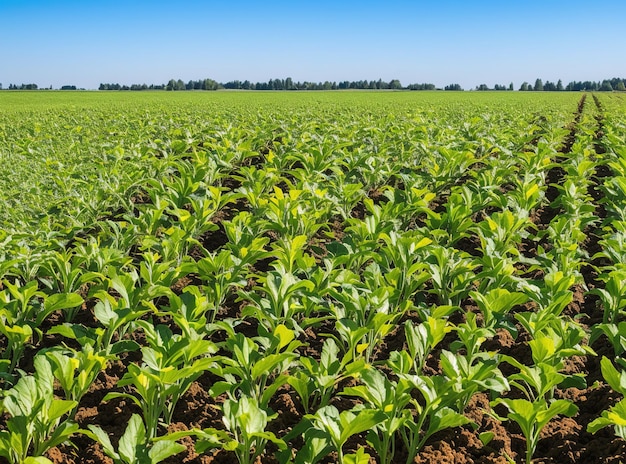 a field of crops with a blue sky 