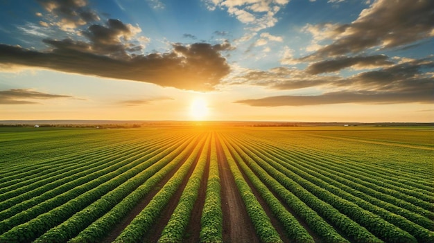 a field of crops with the sun setting in the background