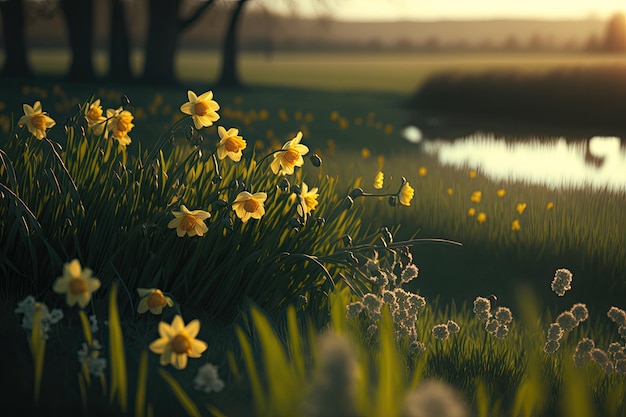 A field of daffodils with a pond in the background