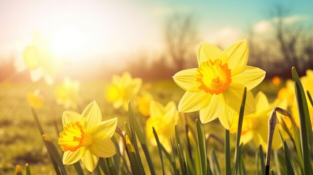 A field of daffodils with the sun shining on the left side.