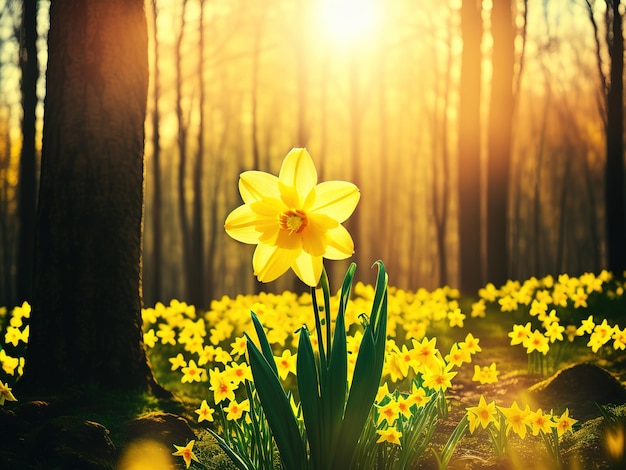 A field of daffodils with a yellow blooming daffodil flower in the middle