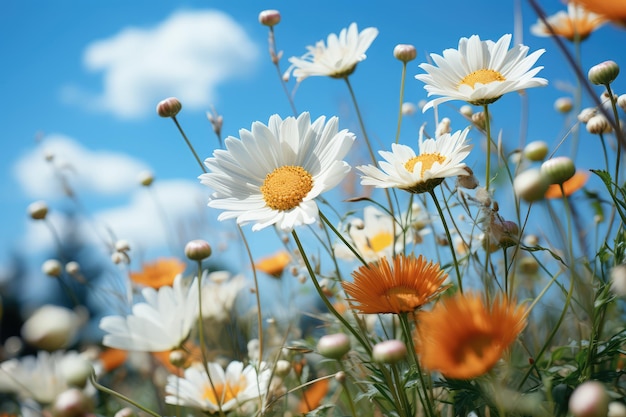 Field of daisies on the background of the blue sky