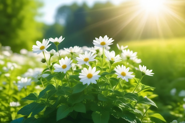 Field of daisies in bloom with a blurred background and sun flare