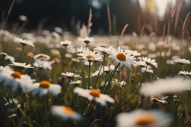 Field of daisies blue sky and evening sun Neural network AI generated