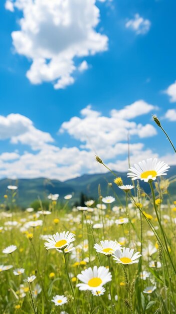 白い雲の青い空の下の<unk>花の畑