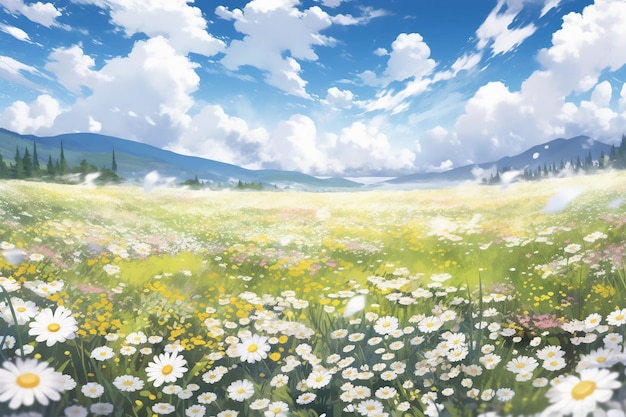 A field of daisies in a field with a blue sky and clouds