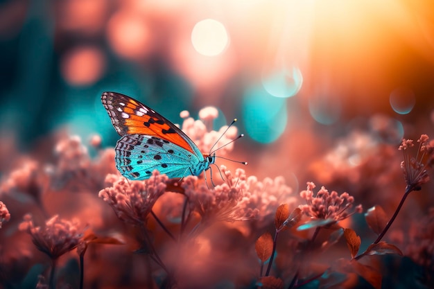 Field of daisies in golden rays of the setting sun in spring summer nature with an orange butterfly outdoors AI Generated