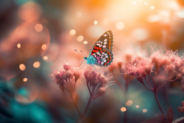 Field of daisies in golden rays of the setting sun in spring summer nature with an orange butterfly outdoors AI Generated