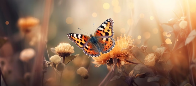 Field of daisies in golden rays of the setting sun in spring summer nature with an orange butterfly outdoors AI Generated