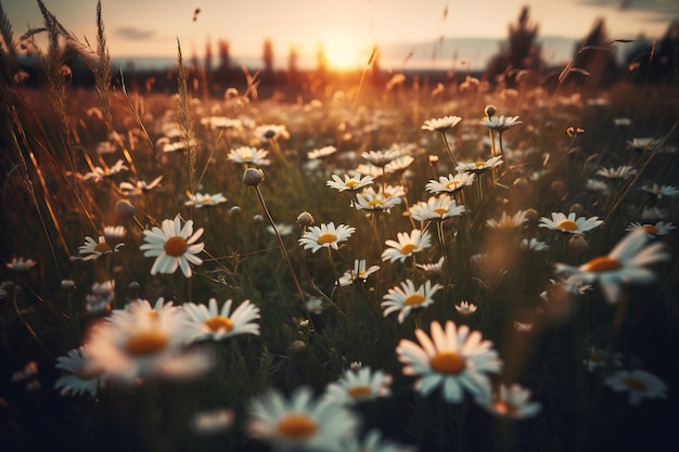 A field of daisies in the sunset