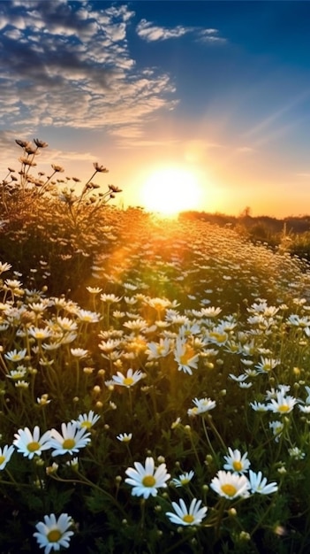 A field of daisies at sunset