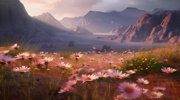 Field of daisies with beautiful sunset sky Generative AI