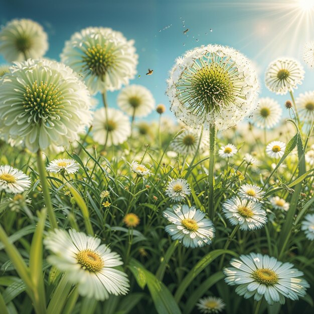 Photo a field of daisies with a bee flying in the sky