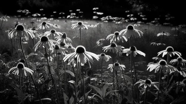 A field of daisies with a black background and the word daisy on the bottom.