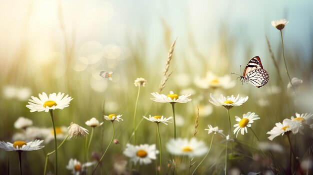 A field of daisies with a butterfly on the wings