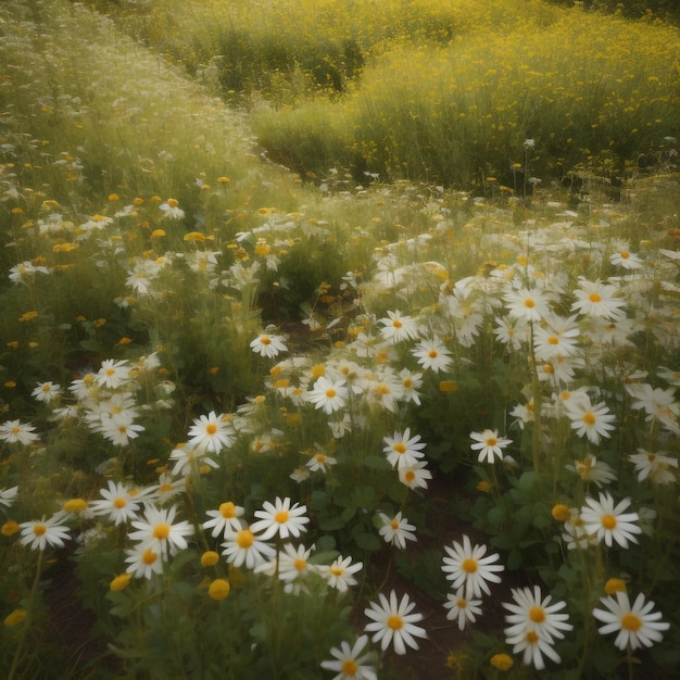 A field of daisies with a field of yellow flowers.