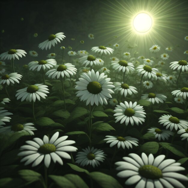 Photo a field of daisies with a light shining through the background.