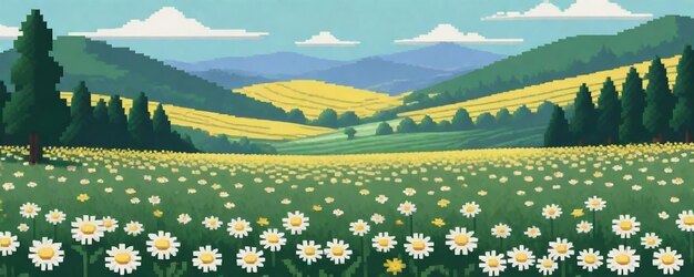 Photo a field of daisies with mountains in the background