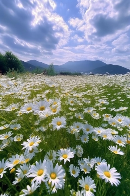 A field of daisies with mountains in the background