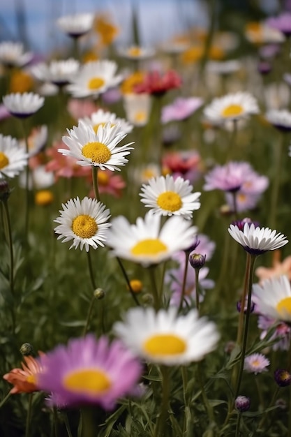 A field of daisies with a pink and white flower in the background.