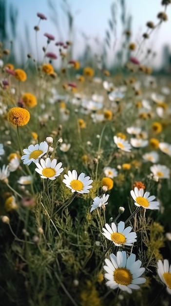 A field of daisies with a sky in the background