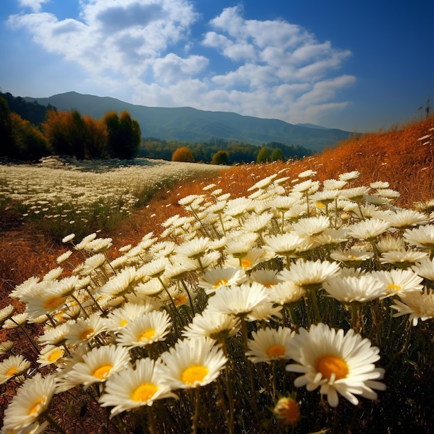 A field of daisies with the sky in the background