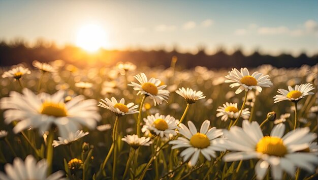 a field of daisies with the sun in the background