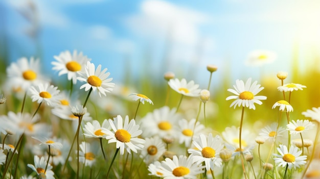 A field of daisies with the sun in the background