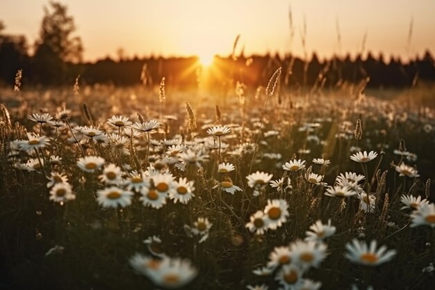 A field of daisies with the sun setting behind it