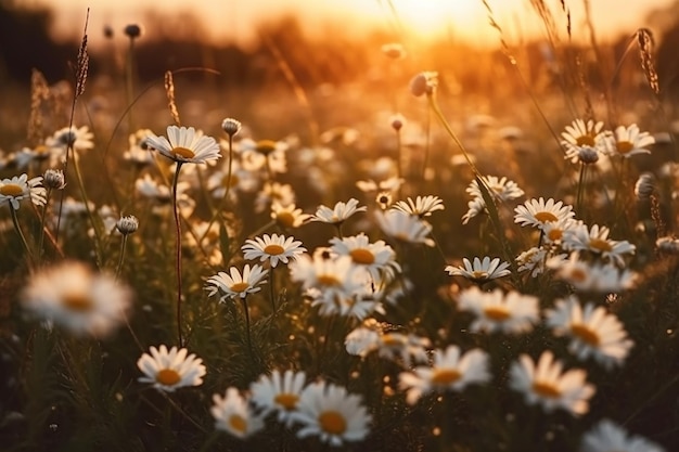 A field of daisies with the sun setting behind it