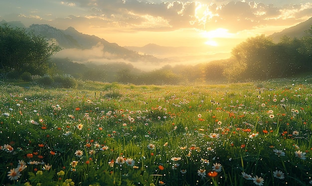 a field of daisies with the sun setting behind them