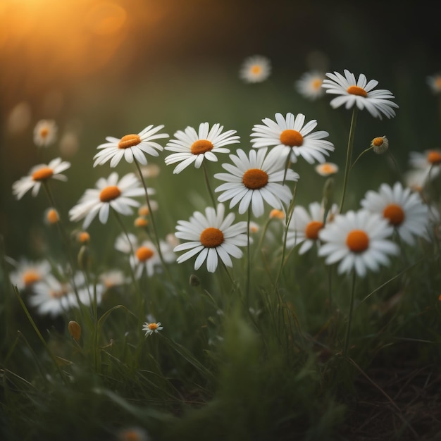 A field of daisies with the sun setting behind them.
