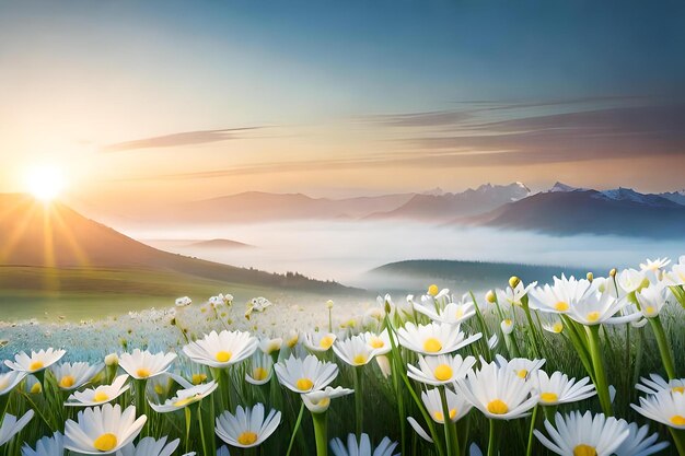 A field of daisies with the sun setting behind them