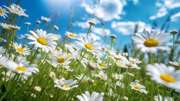 A field of daisies with the sun shining on the blue sky