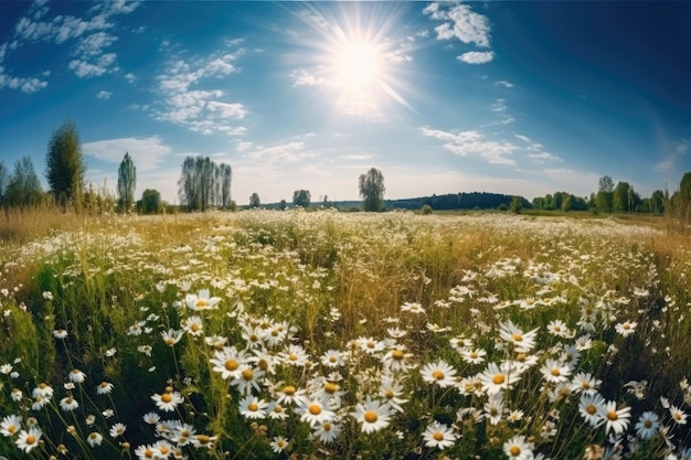 A field of daisies with the sun shining on the horizon Generative AI