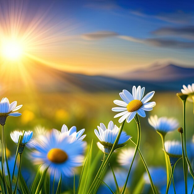 Photo a field of daisies with the sun shining on the horizon.