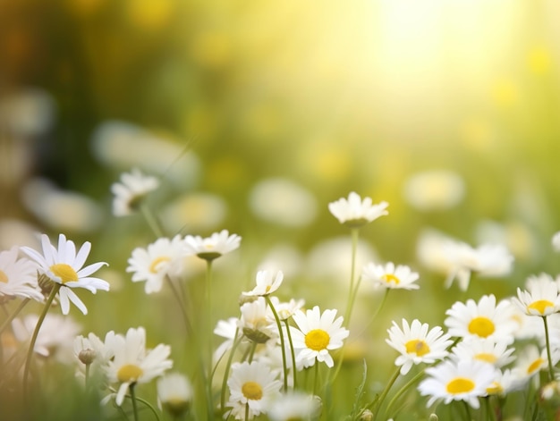 A field of daisies with the sun shining on it