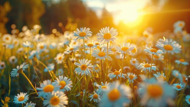 a field of daisies with the sun behind them