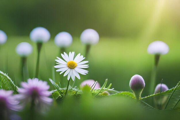 A field of daisies with the sun behind them