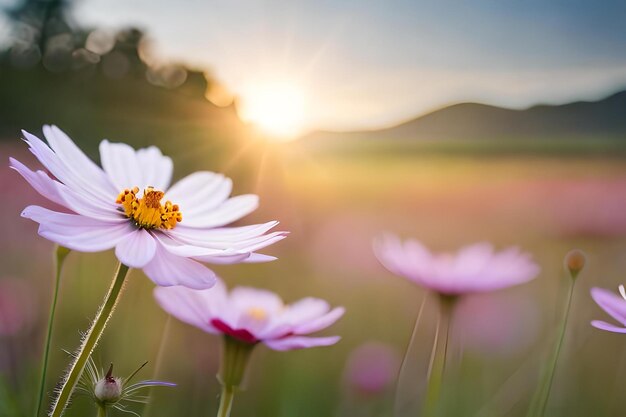 A field of daisies with the sun behind them