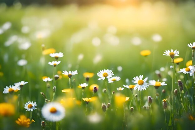 A field of daisies with the sun behind them.