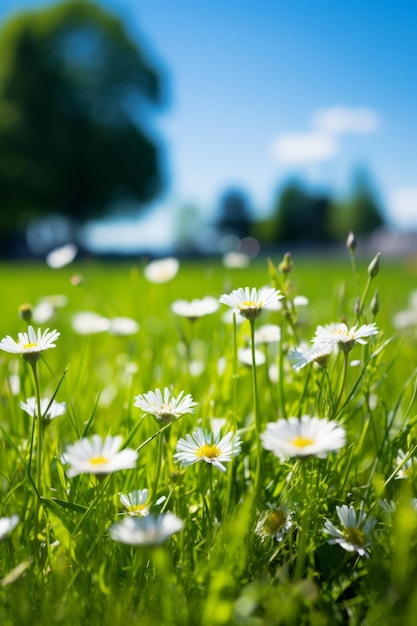 Field of daisies with a tree in the background