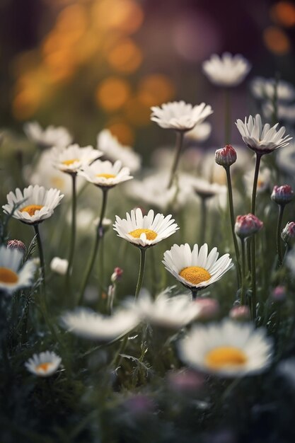 A field of daisies with a yellow background