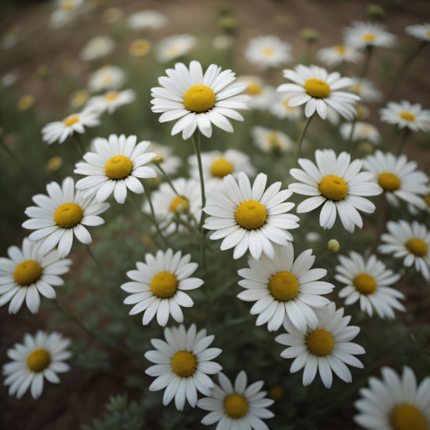 A field of daisies with a yellow center and white flowers.