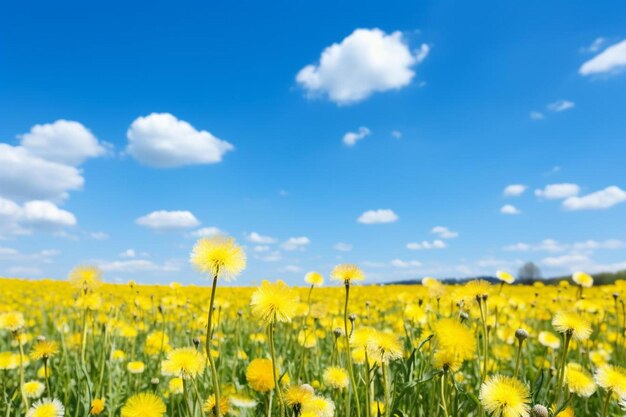 a field of dandelions with a blue sky and clouds