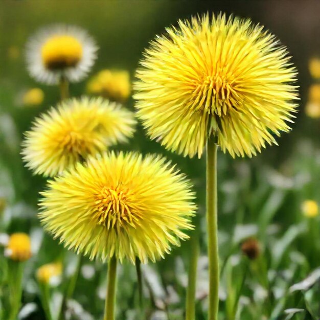 a field of dandelions with a blurry background of yellow flowers