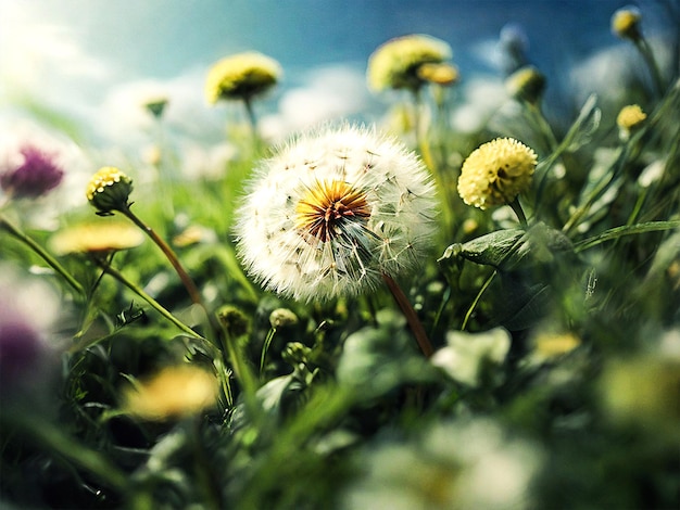 a field of dandelions with the sun behind them