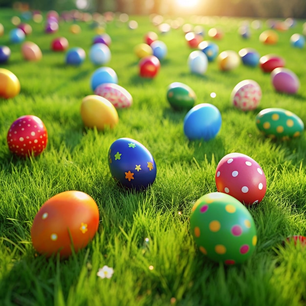 Photo a field of easter eggs with a green background with colorful easter eggs